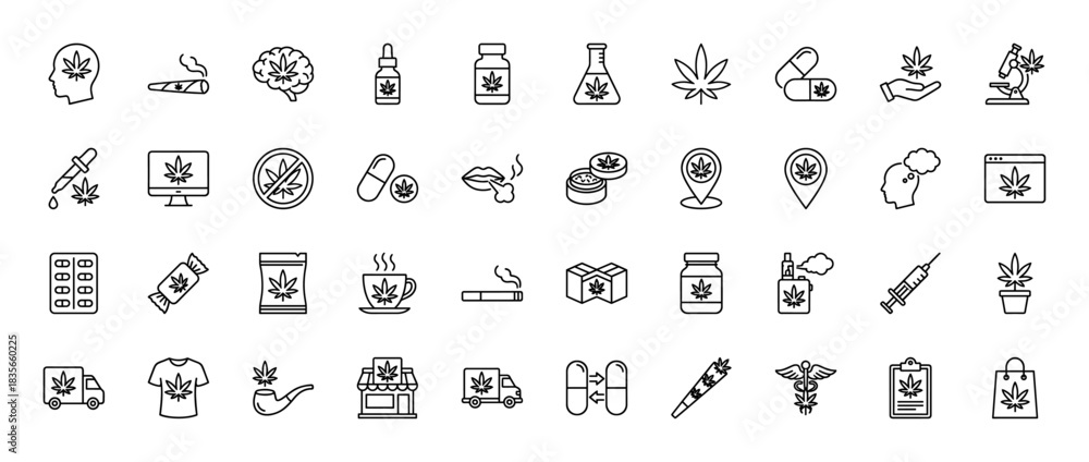 Fototapeta premium Cannabis and medical marijuana line icon set. Vector pictograms of hemp leaf, oil dropper, brain, smoking joint, and pills, thin outline illustration.