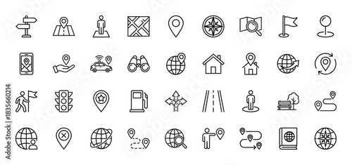 Navigation and travel line icon set. Vector pictograms of map, location pin, compass, road, and street signs, thin outline illustration.