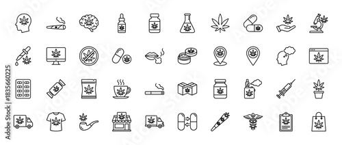 Cannabis and medical marijuana line icon set. Vector pictograms of hemp leaf, oil dropper, brain, smoking joint, and pills, thin outline illustration.