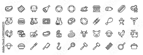 Meat and butcher shop line icon set. Vector pictograms of steak, ribs, chicken, sausage, cow, and cooking tools, thin outline illustration.