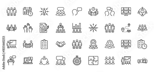 Business and meeting line icon set. Vector pictograms of teamwork, presentation, handshake, discussion, and planning, thin outline illustration.