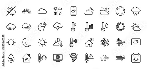 Weather and meteorology line icon set. Vector pictograms of sun, rain, snow, thermometer, cloud, and wind, thin outline illustration.