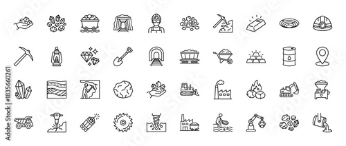Mining line icon set. Vector pictograms of gold, diamond, pickaxe, cart, tunnel, and coal, thin outline illustration.
