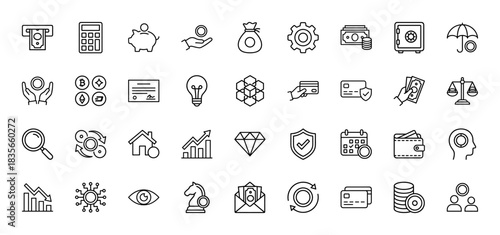 Finance line icon set. Vector pictograms of atm, calculator, wallet, diamond, growth chart, and bitcoin, thin outline illustration.