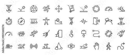Physics line icon set. Vector pictograms of motion, speed, force, gravity, and circular movement, thin outline illustration.