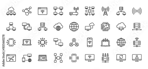 Technology and network line icon set. Vector pictograms of server, cloud, global, wireless, and device connections, thin outline illustration.