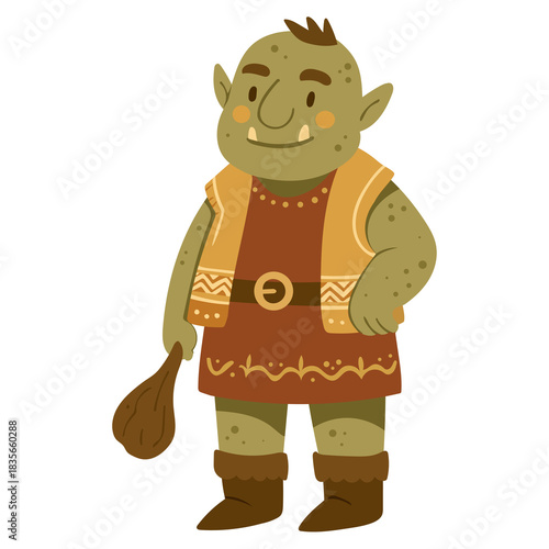Cute cartoon ogre character in rustic clothing holding a club. Ideal for children’s books, fantasy stories, stickers, games, and whimsical illustration projects