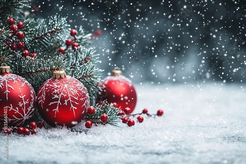 Red Christmas Ornaments on Snowy Pine Branch with Falling Snow Image