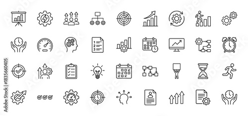 Business and productivity line icon set. Vector pictograms of clock, gear, target, chart, checklist, and calendar, thin outline illustration.