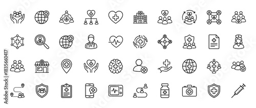Medical and healthcare line icon set. Vector pictograms of doctor, heart, hospital, syringe, and globe, thin outline illustration.