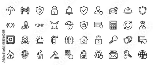 Security and protection line icon set. Vector pictograms of shield, umbrella, lock, key, and safe, thin outline illustration.