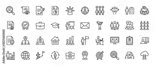 Human resources line icon set. Vector pictograms of job search, hiring, recruitment, career, and business planning, thin outline illustration.