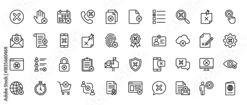 Error and decline line icon set. Vector pictograms of cross, calendar, phone, document, list, and user accounts, thin outline illustration.
