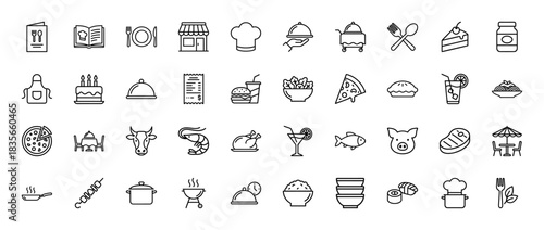 Restaurant and food line icon set. Vector pictograms of menu, chef, pizza, dessert, and grill, thin outline illustration.