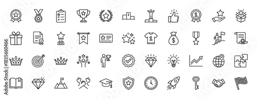 Achievement and success line icon set. Vector pictograms of medal, trophy, certificate, crown, diamond, and goal, thin outline illustration.