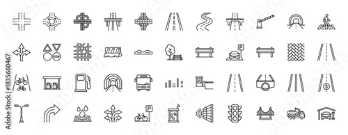 Transportation and road infrastructure line icon set. Vector pictograms of crossroads, traffic lights, tunnels, and signs, thin outline illustration.