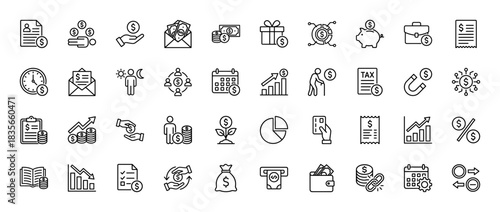 Finance and business line icon set. Vector pictograms of money, documents, growth, and savings, thin outline illustration.