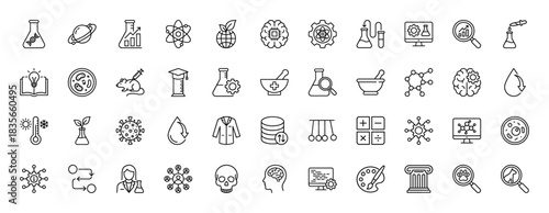 Science and research line icon set. Vector pictograms of dna, atom, brain, flask, and microscope, thin outline illustration.