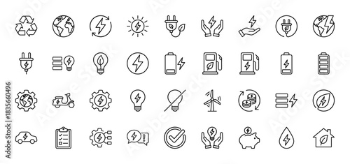 Energy and ecological line icon set. Vector pictograms of electricity, sun, recycling, earth, car, and wind turbine, thin outline illustration.
