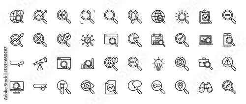 Search and seo line icon set. vector pictograms of magnifying glass, web, data analysis, chart, calendar, and settings, thin outline illustration.