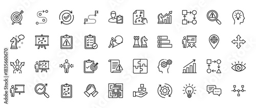 Business strategy and planning line icon set. Vector pictograms of target, solution, success, chart, and problem analysis, thin outline illustration.