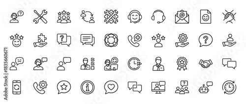 Customer service line icon set. Vector pictograms of support agent, feedback, question, headset, and chatbot, thin outline illustration.