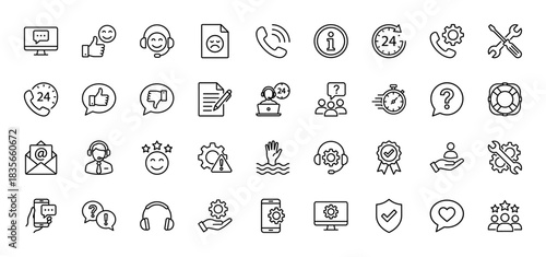 Customer service line icon set. vector pictograms of phone support, 24/7 assistance, feedback, and settings, thin outline illustration.