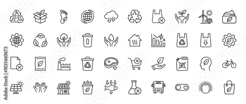 Ecology and sustainability line icon set. Vector pictograms of recycling, solar energy, waste, and eco-friendly products, thin outline illustration.