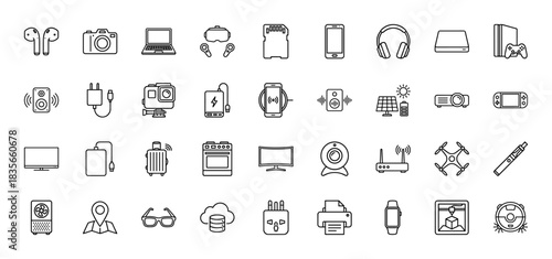 Technology and gadget line icon set. Vector pictograms of smartphones, cameras, drones, and consoles, thin outline illustration.