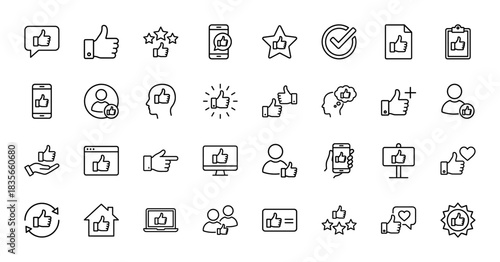 Feedback and rating line icon set. Vector pictograms of thumbs up, stars, review document, smartphone, and social approval, thin outline illustration.