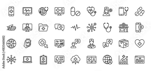 Medical healthcare line icon set. Vector pictograms of telemedicine, drug, stethoscope, chart, and doctor, thin outline illustration.