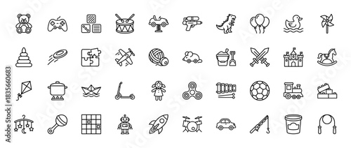 Toys line icon set. Vector pictograms of teddy bear, building blocks, castle, car, and drum, thin outline illustration.