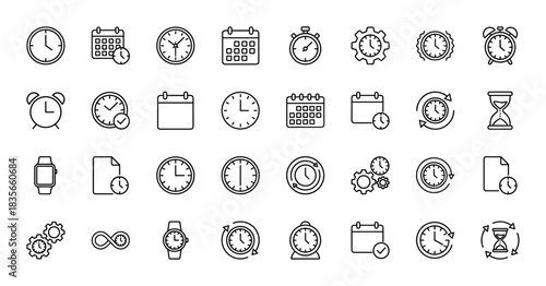 Time and scheduling line icon set. Vector pictograms of clock, calendar, stopwatch, and hourglass, thin outline illustration.