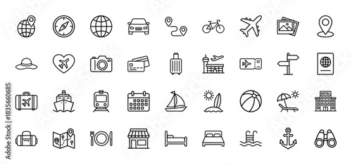 Travel and tourism line icon set. Vector pictograms of suitcase, airplane, map, hotel, and beach umbrella, thin outline illustration.