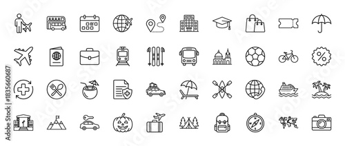 Travel and tourism line icon set. Vector pictograms of plane, suitcase, hotel, map, umbrella, and transport, thin outline illustration.