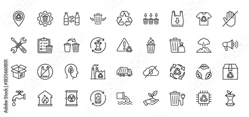 Ecology and recycling line icon set. Vector pictograms of trash cans, waste segregation, organic compost, and environmental protection, thin outline illustration.
