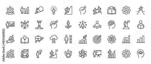 Business and personal growth line icon set. Vector pictograms of success, development, leadership, career, and education, thin outline illustration.