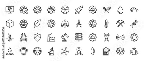 Industry and science line icon set. Vector pictograms of engineering gear, factory, microscope, rocket, and mining tools, thin outline illustration.