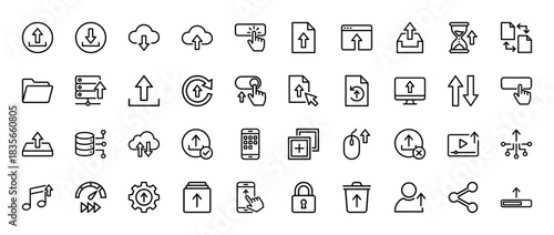 Cloud data transfer and file management line icon set. Vector pictograms of upload, download, server, and synchronization, thin outline illustration.