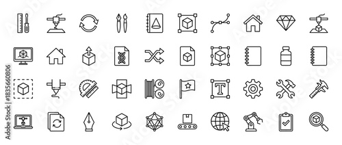 3d printing and modeling line icon set. Vector pictograms of tools, printer, cube, file, and globe, thin outline illustration.