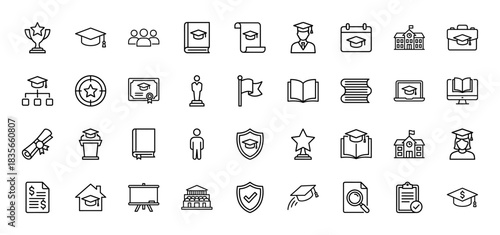 Education line icon set. Vector pictograms of graduation cap, diploma, book, student, and university building, thin outline illustration.