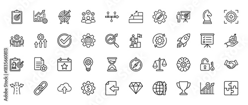 Business and strategy line icon set. Vector pictograms of target, growth chart, rocket, calendar, and gear, thin outline illustration.
