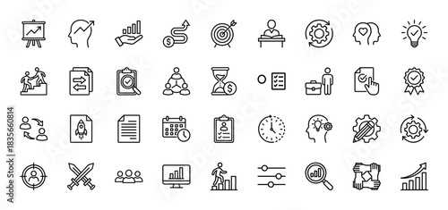 Business and management line icon set. Vector pictograms of target, goal, success, finance, and teamwork, thin outline illustration.