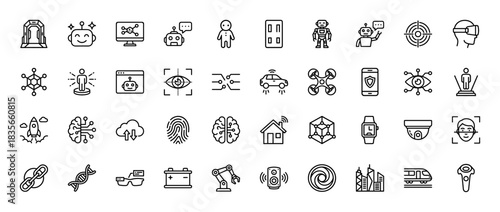 Artificial intelligence and smart technology line icon set. Vector pictograms of robotics, vr headset, brain, and blockchain, thin outline illustration.