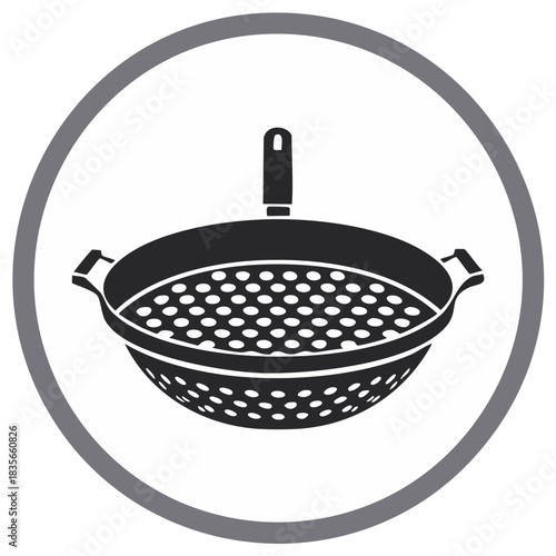 Kitchen Colander Wok Steamer Basket Icon Black Silhouette Design in Gray Circle Vector Graphic