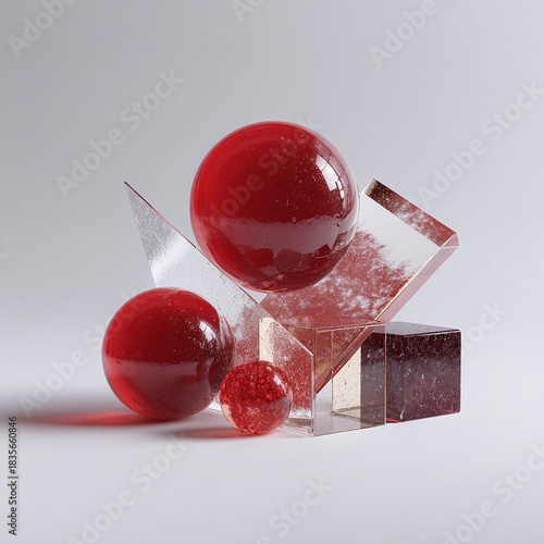 Red Glass Spheres and Geometric Shapes with Bubbles Image