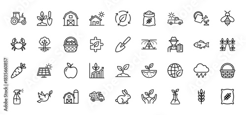Agriculture and farming line icon set. Vector pictograms of tractor, barn, seedling, apple, and beehive, thin outline illustration.