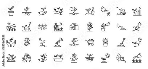 Agriculture and gardening line icon set. Vector pictograms of seeding, planting, sprout, and farm cultivation, thin outline illustration.
