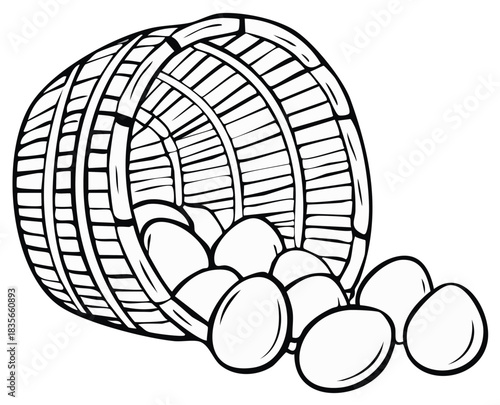 Black and white line art illustration of an overturned wicker basket with spilling eggs
