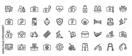 Healthcare line icon set. Vector pictograms of first aid kit, ambulance, syringe, microscope, and heartbeat monitor, thin outline illustration.